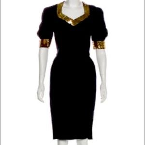 Navy blue puffed sleeves gold sequin-embellished knee-length cocktail dress.